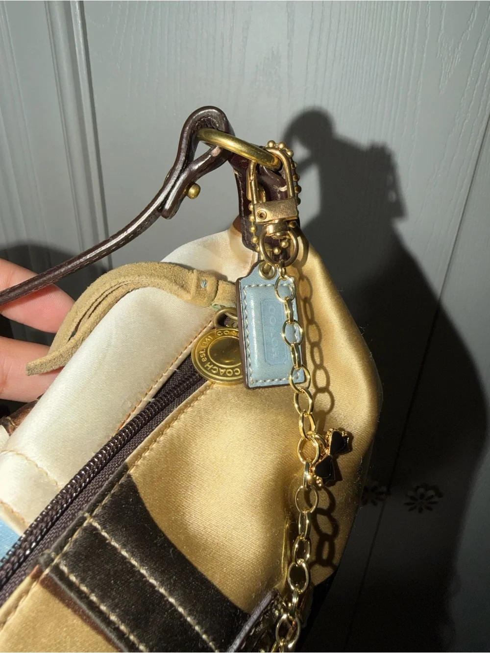 Coach Satin Multicolor Shoulder Bag with Pearl Accent